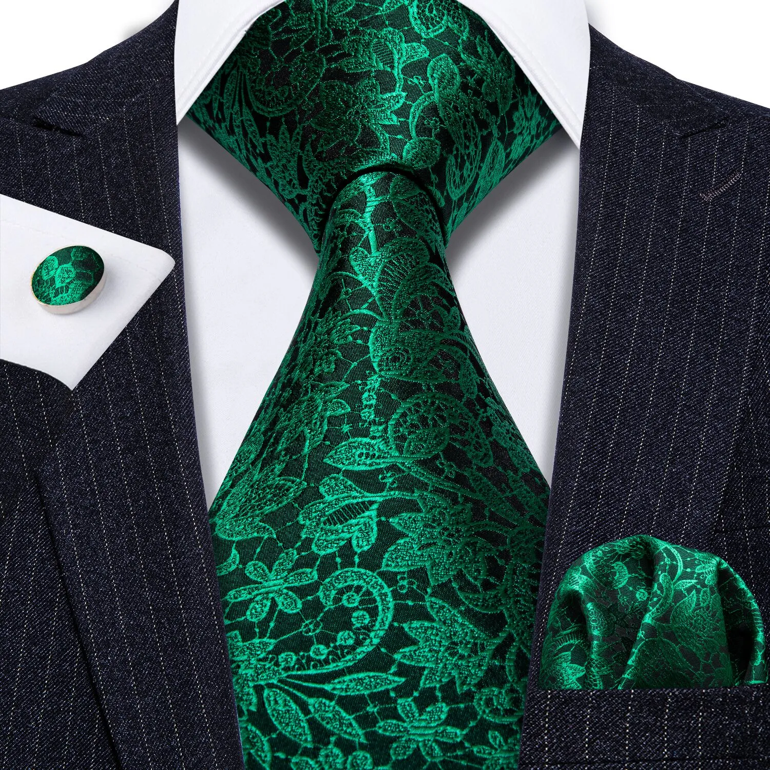 Barry Wang Floral Tie Fluorescent Green Paisley Silk Tie Hanky Cufflinks Set sold by Barrywang product image thumbnail 5