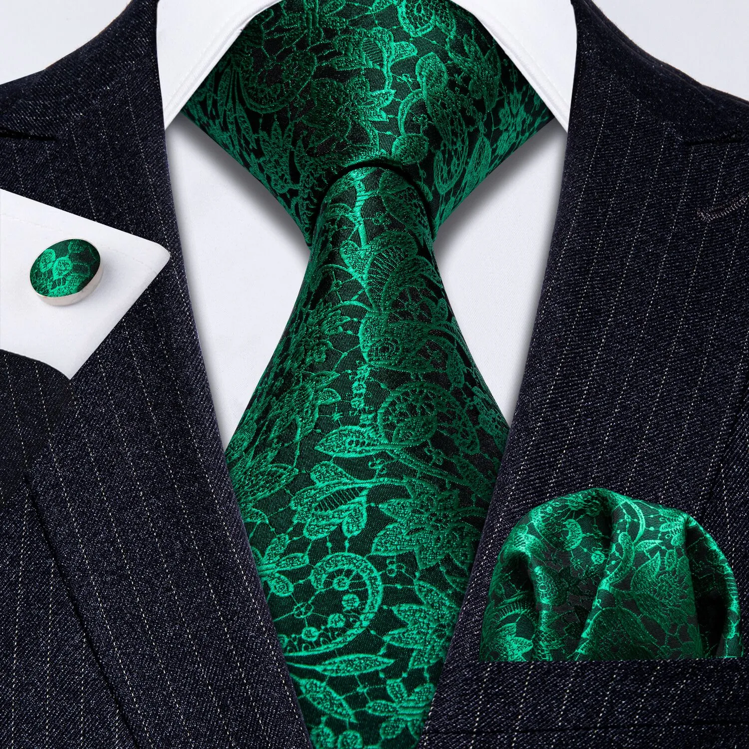 Barry Wang Floral Tie Fluorescent Green Paisley Silk Tie Hanky Cufflinks Set sold by Barrywang product image thumbnail 3