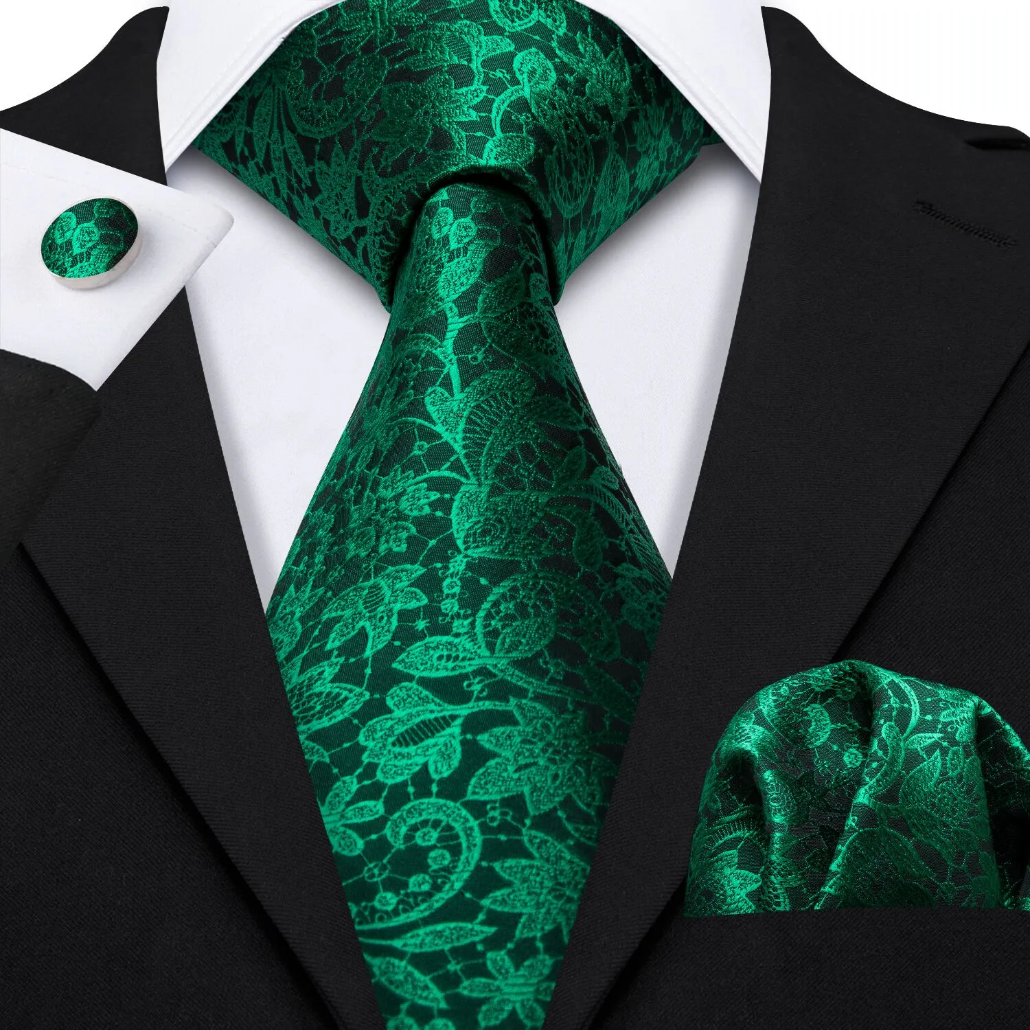 Barry Wang Floral Tie Fluorescent Green Paisley Silk Tie Hanky Cufflinks Set sold by Barrywang