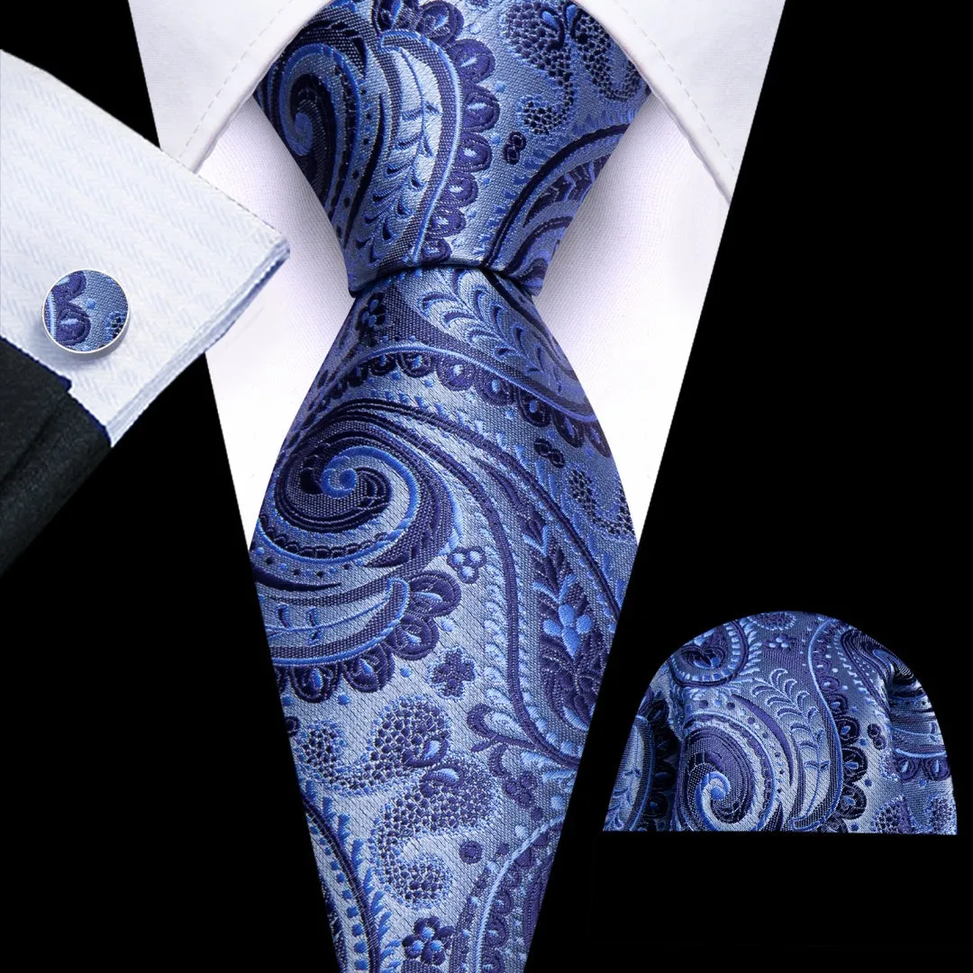 Barry. Wang Blue Paisley Tie Pocket Square Cufflinks Set Silk Ties for Men sold by Barrywang