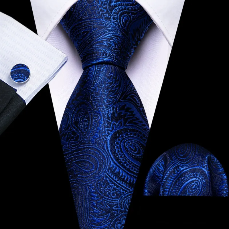 Barry.Wang Dark Blue Paisley Tie Pocket Square Cufflinks Set Silk Ties for Men sold by Barrywang