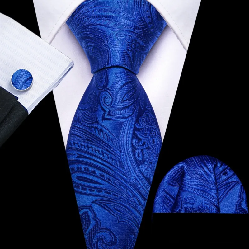 Barry.Wang Navy Blue Paisley Tie Pocket Square Cufflinks Set Ties for Men sold by Barrywang