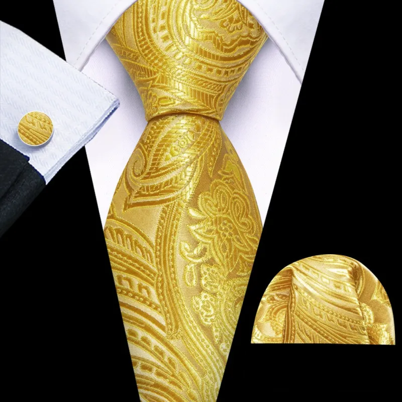 Barry. Wang Golden Yellow Paisley Tie Pocket Square Cufflinks Set Ties for Men sold by Barrywang