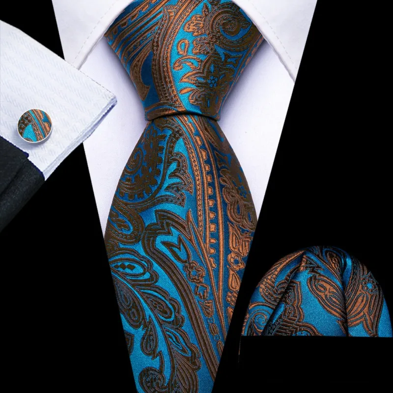 Barry.Wang Cerulean Chocolate Paisley Tie Pocket Square Cufflinks Set for Men sold by Barrywang