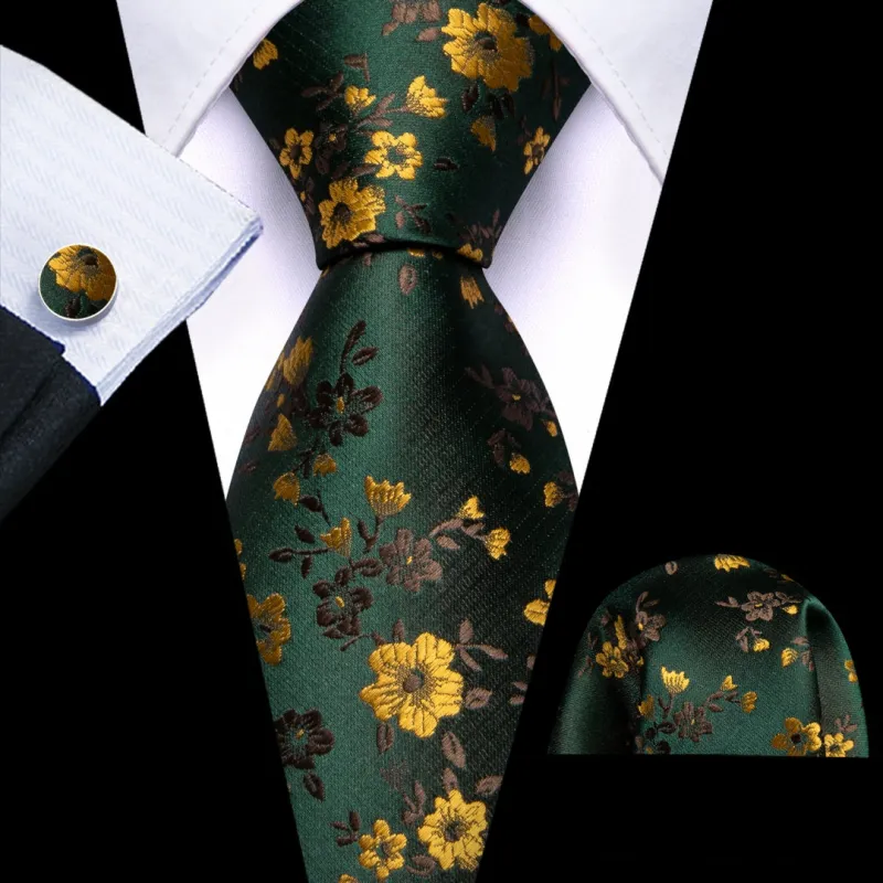 Barry.Wang Dark Green Tie Yellow Floral Silk Mens Ties Pocket Square Cufflinks Set sold by Barrywang