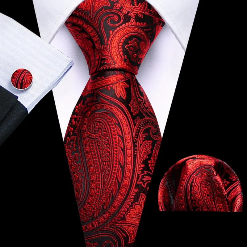 Barry. Wang Black Red Paisley Tie Pocket Square Cufflinks Set Silk Mens Ties sold by Barrywang