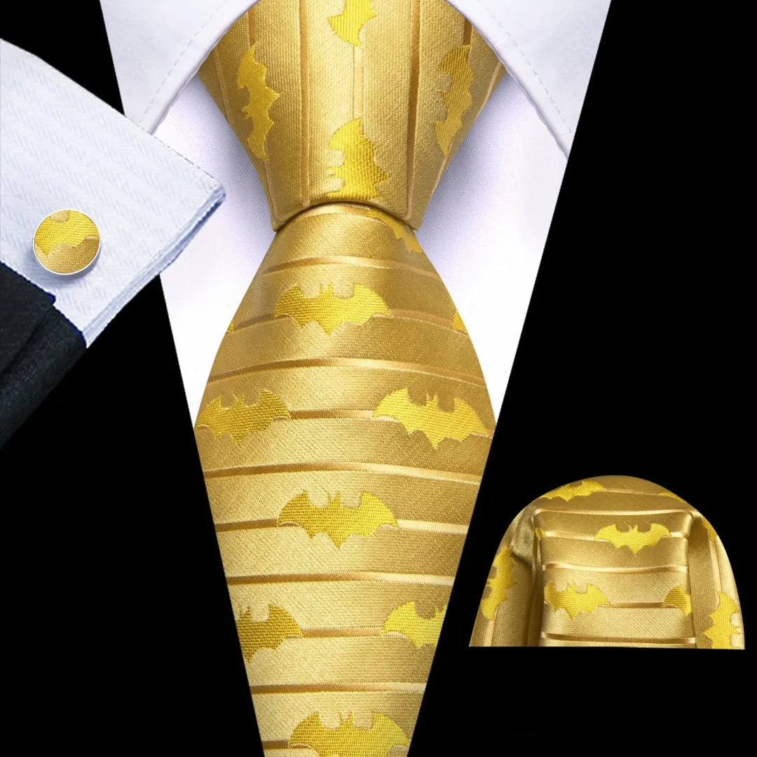 Barry.Wang Gold Bat Tie Pocket Square Cufflinks Set Silk Ties for Men sold by Barrywang