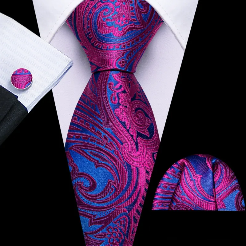 Barry.Wang Purple Blue Floral Tie Pocket Square Cufflinks Set Silk Mens Ties sold by Barrywang