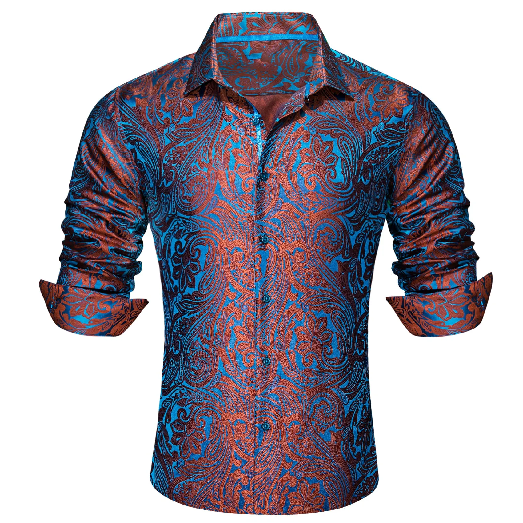 Barry. Wang Orange Blue Green Paisley Shirt Men Long Sleeve Dress Shirt sold by Barrywang