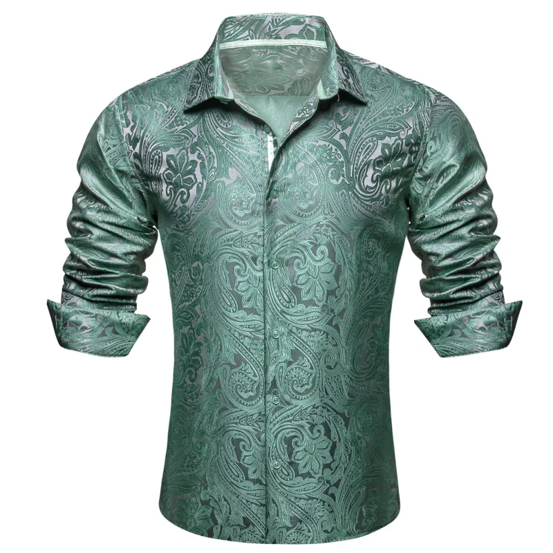 Barry.Wang Green Paisley Men's Designer Shirt Long Sleeve Button Up Shirt sold by Barrywang