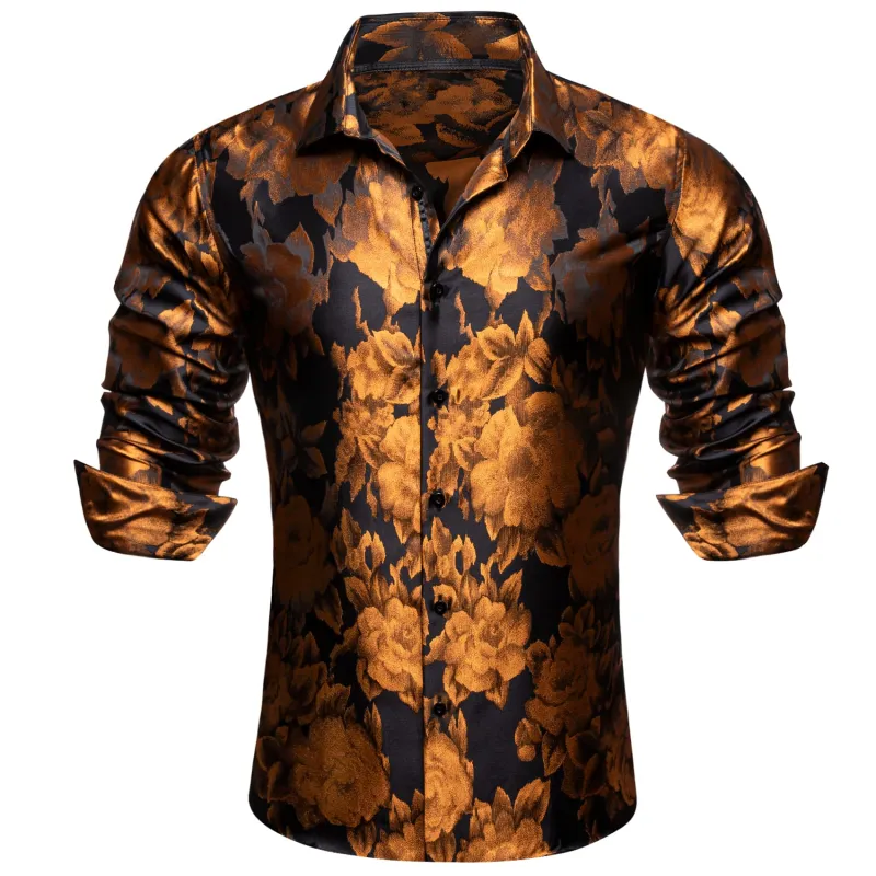 Barry.Wang Men's Black Gold Floral Shirt Long SLeeve Dress Shirt sold by Barrywang