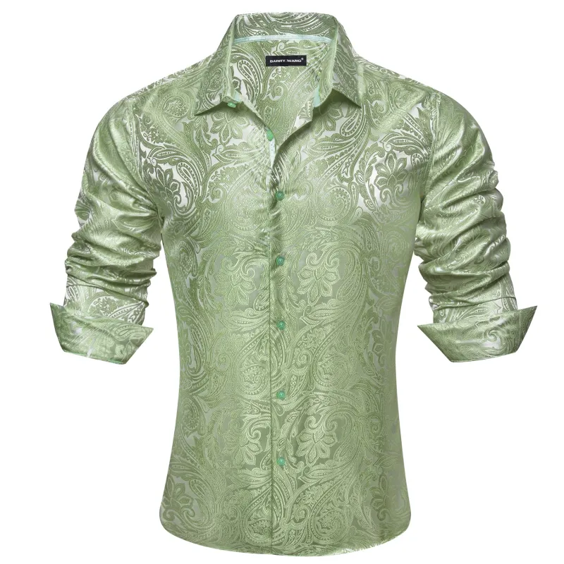 Barry.Wang Laurel Green Paisley Shirt Men Long Sleeve Dress Shirt sold by Barrywang