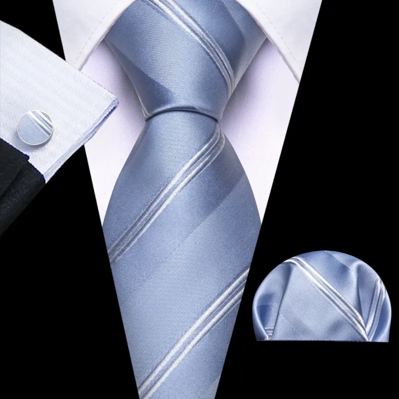 Barry.Wang Mens Light Blue and White Striped Tie Pocket Square Cufflinks Set sold by Barrywang