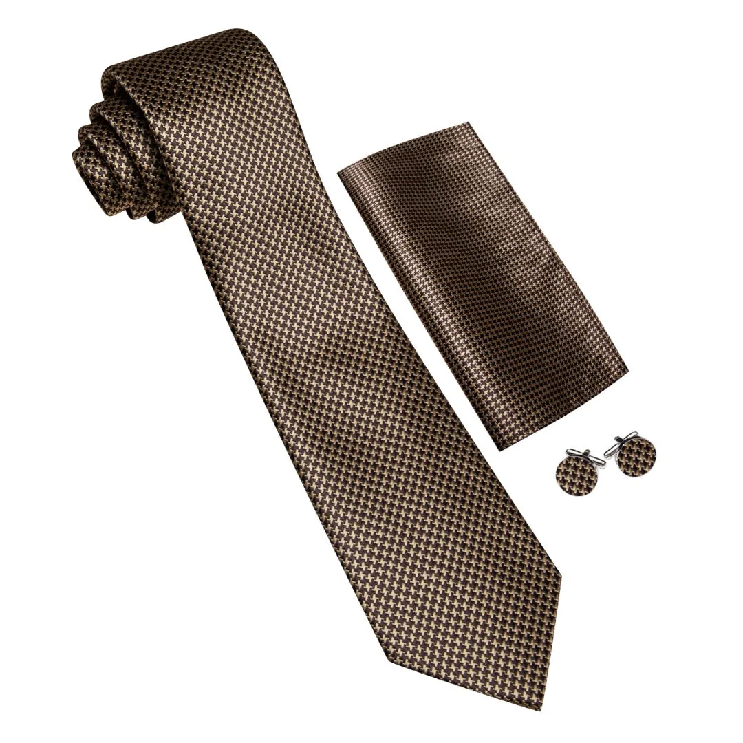 Barry.Wang Mens Dark Brown Plaid Tie Pocket Square Cufflinks Set sold by Barrywang product image thumbnail 3