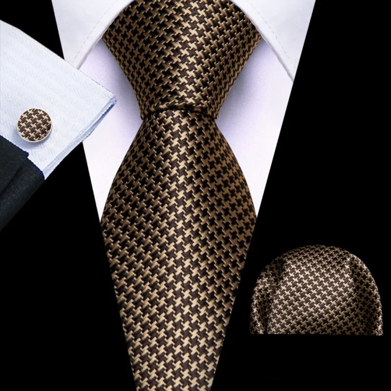 Barry.Wang Mens Dark Brown Plaid Tie Pocket Square Cufflinks Set sold by Barrywang