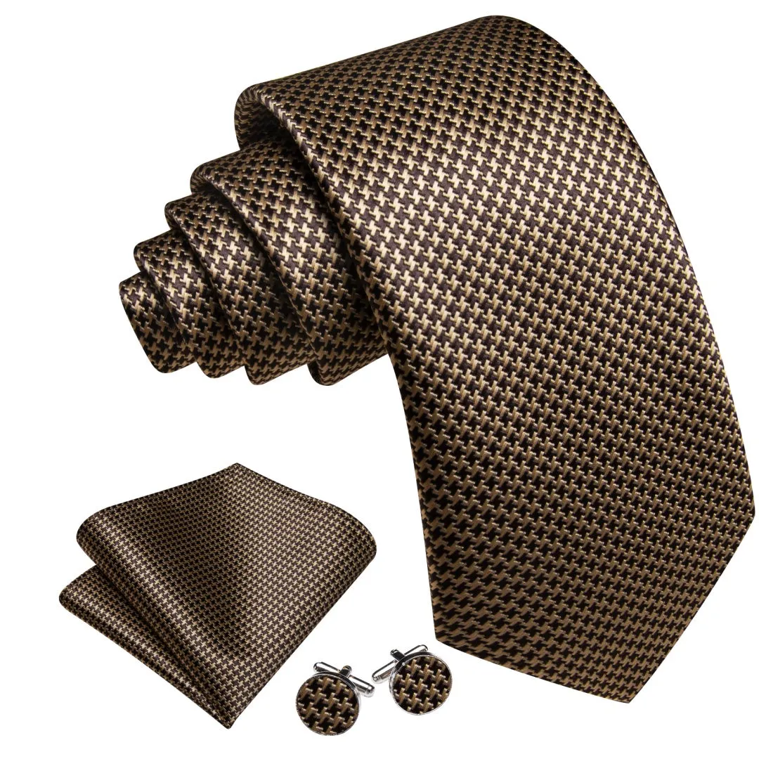 Barry.Wang Mens Dark Brown Plaid Tie Pocket Square Cufflinks Set sold by Barrywang product image thumbnail 2