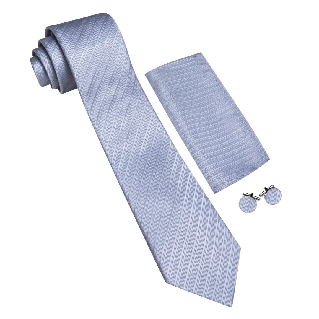 Barry.Wang Mens Solid Light Blue Striped Tie Pocket Square Cufflinks Set sold by Barrywang product image thumbnail 3