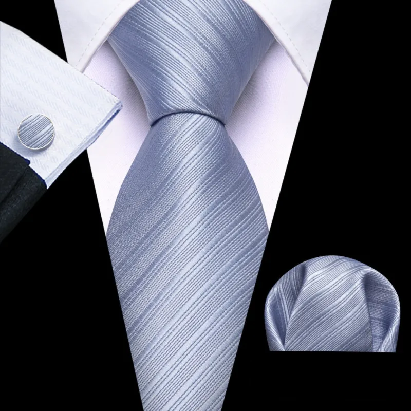 Barry.Wang Mens Solid Light Blue Striped Tie Pocket Square Cufflinks Set sold by Barrywang