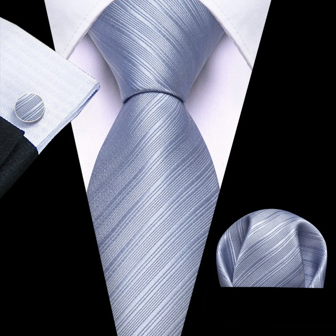 Barry.Wang Mens Solid Light Blue Striped Tie Pocket Square Cufflinks Set sold by Barrywang