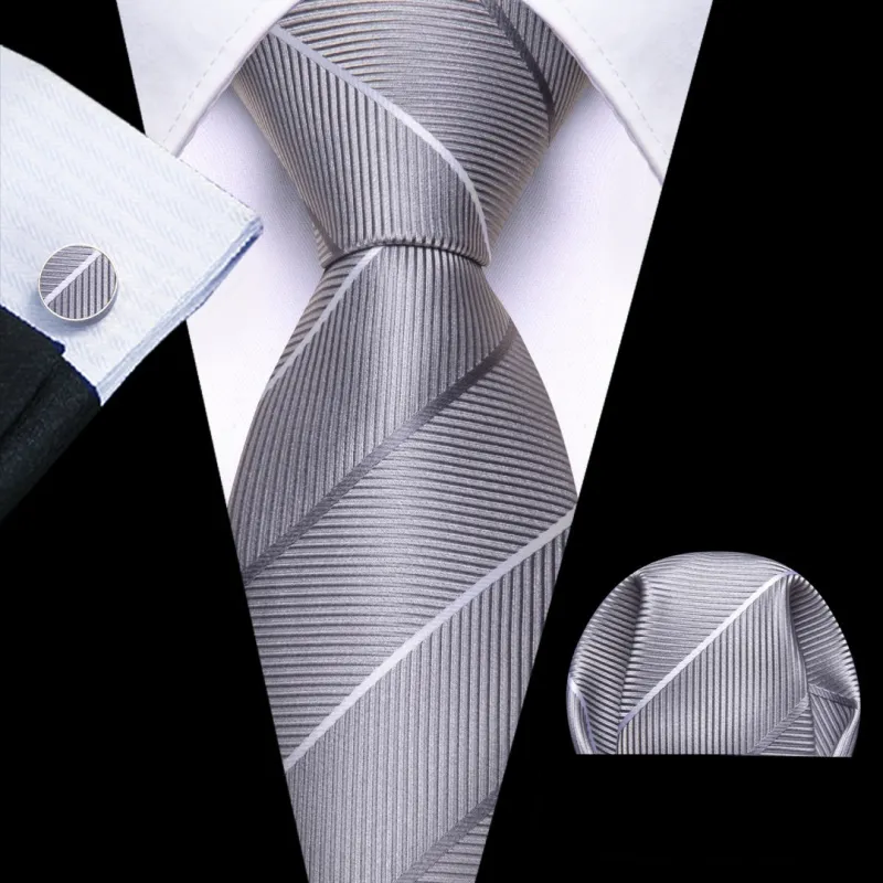 Barry.Wang Men's Light Grey Striped Tie Pocket Square Cufflinks Tie Set sold by Barrywang