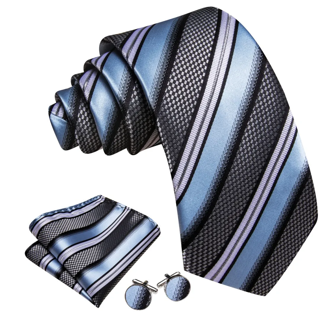 Barry. Wang Men's Carolina Blue BlackWhite Striped Tie Pocket Square Cufflinks Set sold by Barrywang product image thumbnail 2