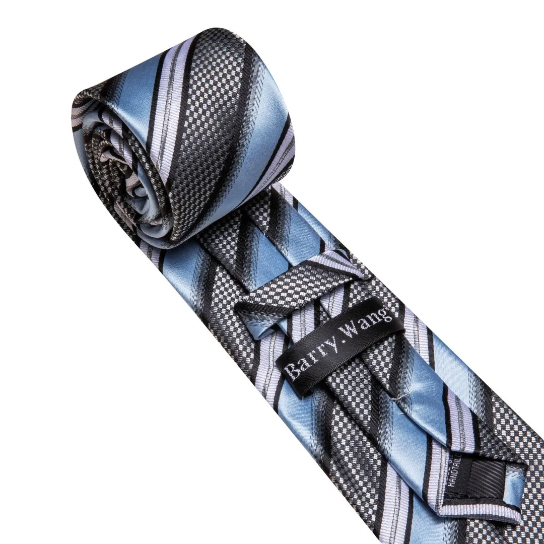 Barry. Wang Men's Carolina Blue BlackWhite Striped Tie Pocket Square Cufflinks Set sold by Barrywang product image thumbnail 4