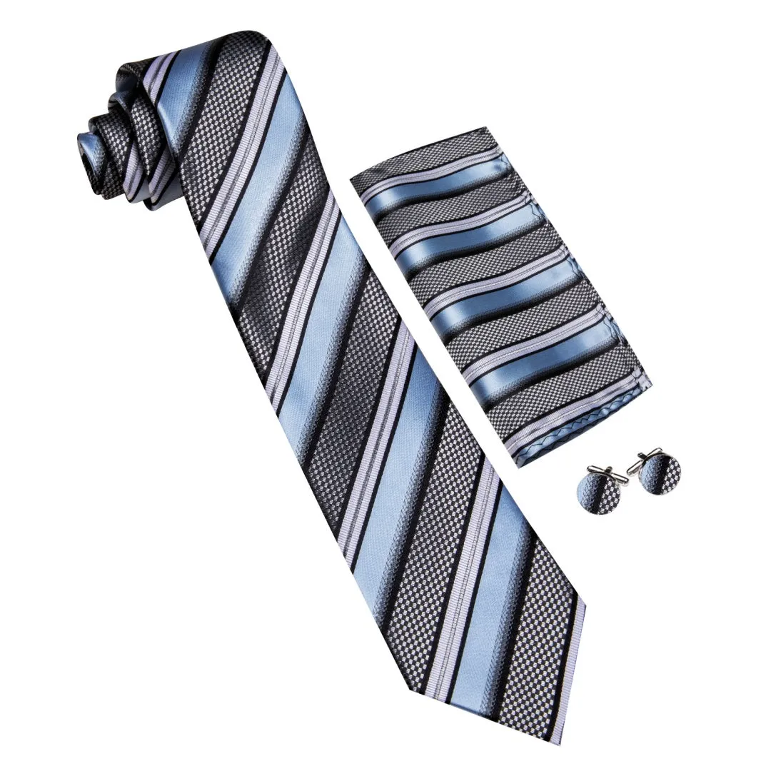 Barry. Wang Men's Carolina Blue BlackWhite Striped Tie Pocket Square Cufflinks Set sold by Barrywang product image thumbnail 3