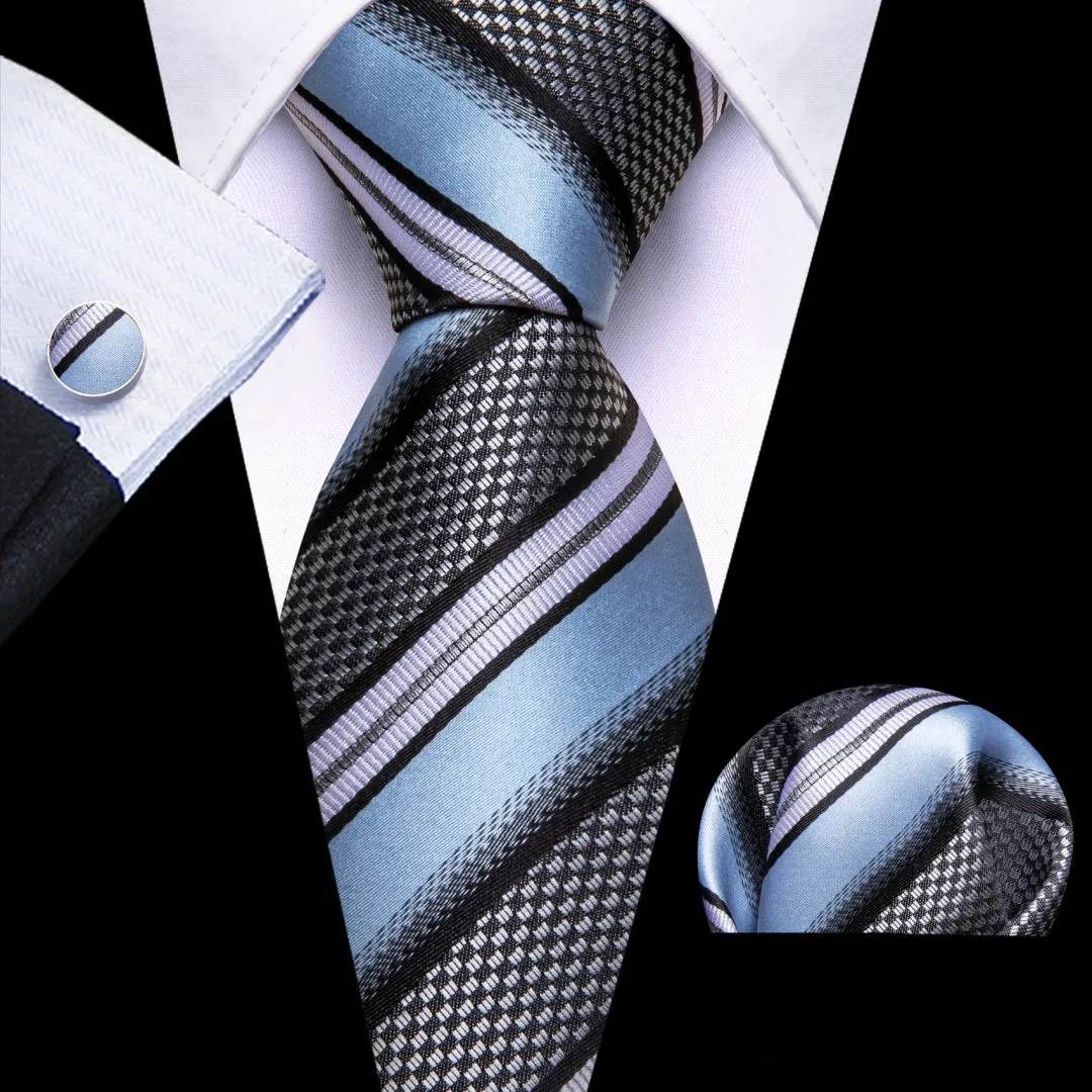 Barry. Wang Men's Carolina Blue BlackWhite Striped Tie Pocket Square Cufflinks Set sold by Barrywang