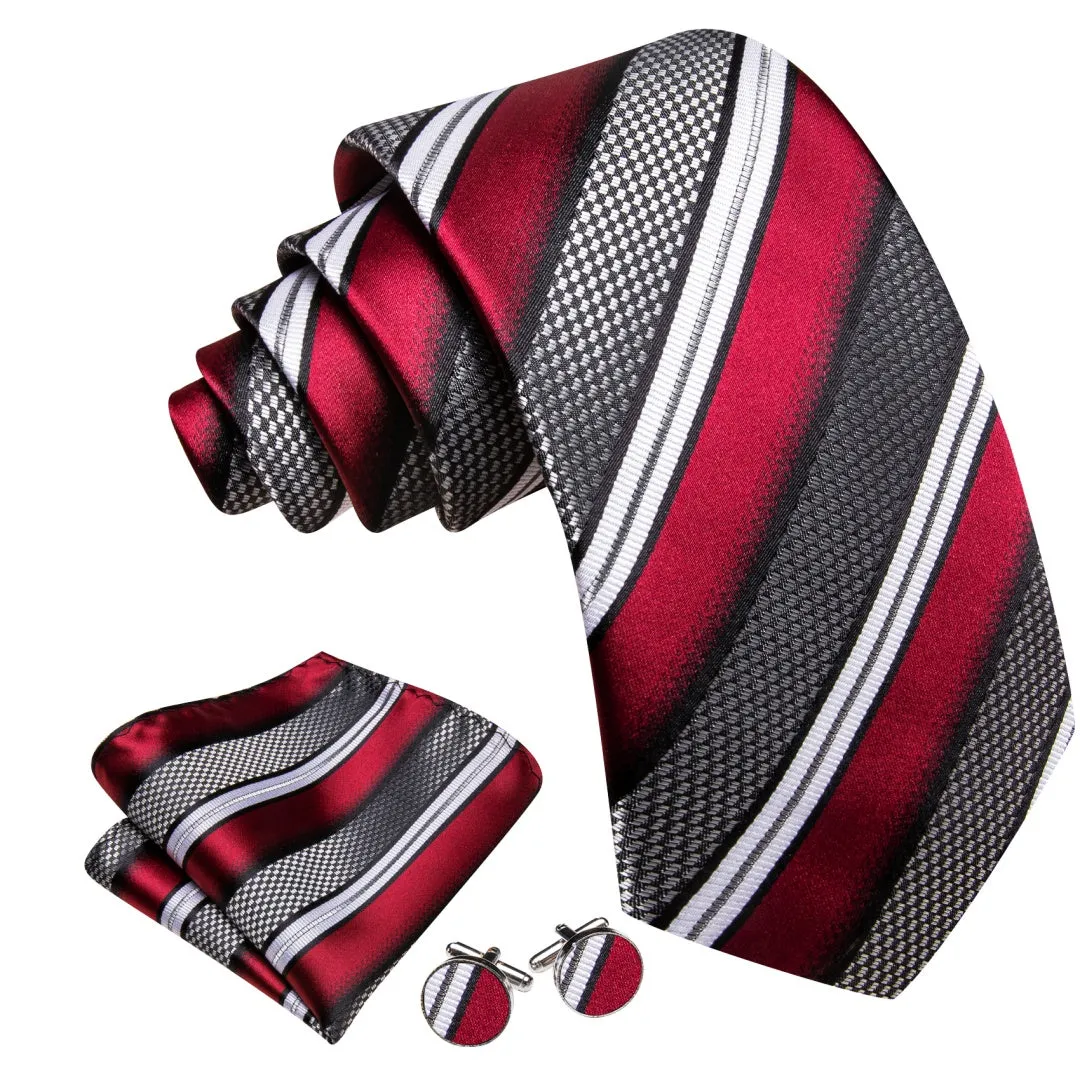 Barry. Wang Men's Red and Grey Striped Tie Pocket Square Cufflinks Set sold by Barrywang product image thumbnail 2