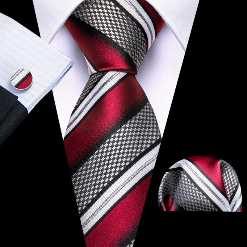 Barry. Wang Men's Red and Grey Striped Tie Pocket Square Cufflinks Set sold by Barrywang