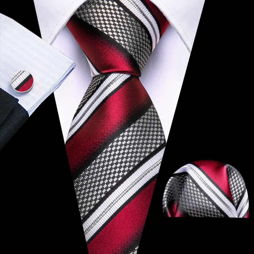 Barry. Wang Men's Red and Grey Striped Tie Pocket Square Cufflinks Set sold by Barrywang