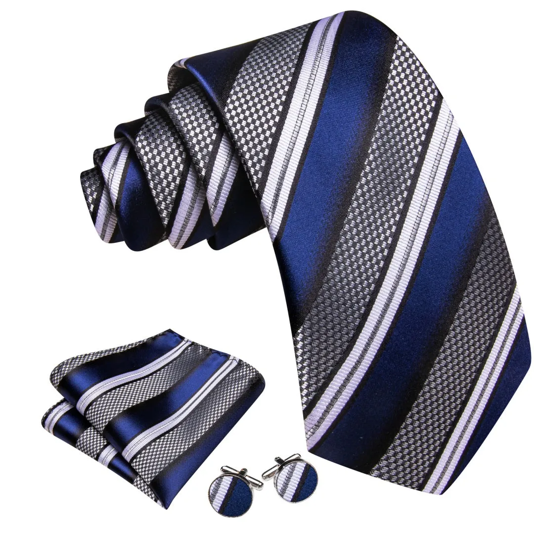 Barry. Wang Men's Navy Blue and Grey Striped Tie Pocket Square Cufflinks Set sold by Barrywang product image thumbnail 2