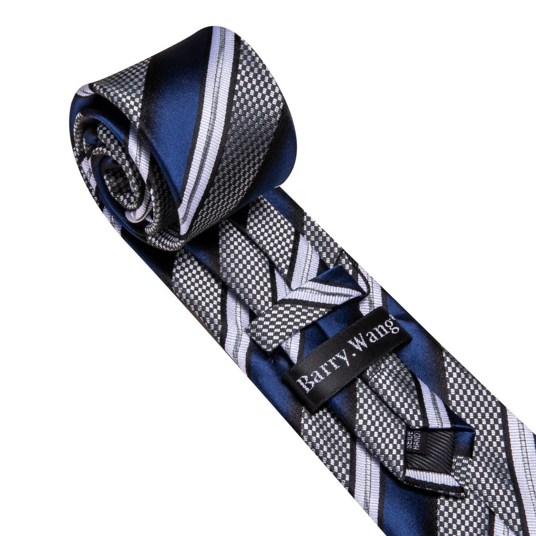 Barry. Wang Men's Navy Blue and Grey Striped Tie Pocket Square Cufflinks Set sold by Barrywang product image thumbnail 4