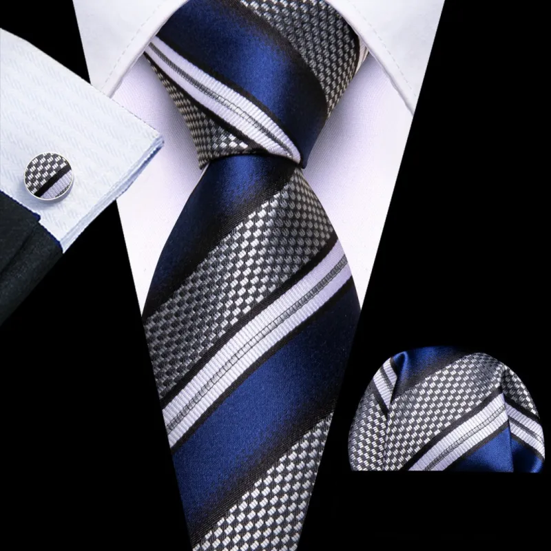 Barry. Wang Men's Navy Blue and Grey Striped Tie Pocket Square Cufflinks Set sold by Barrywang