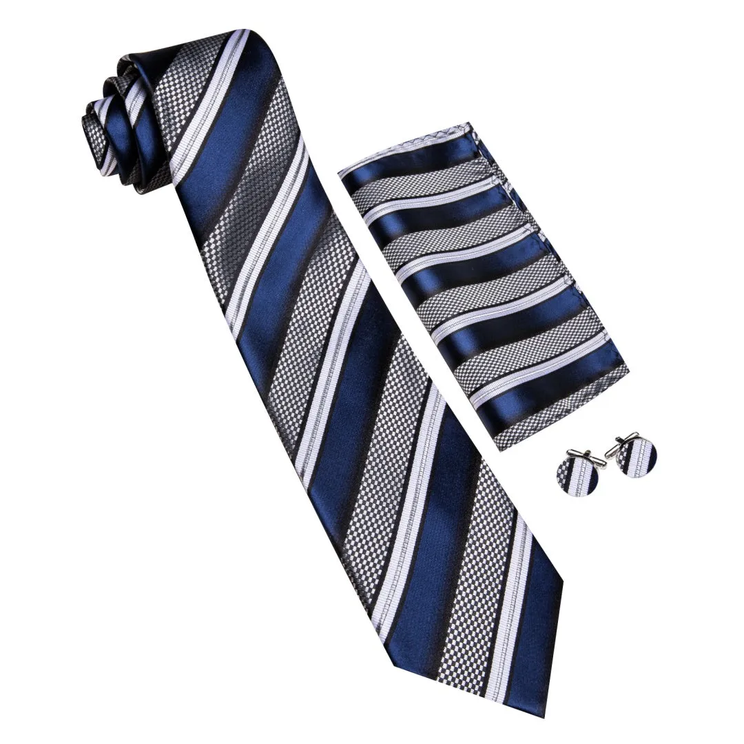 Barry. Wang Men's Navy Blue and Grey Striped Tie Pocket Square Cufflinks Set sold by Barrywang product image thumbnail 3