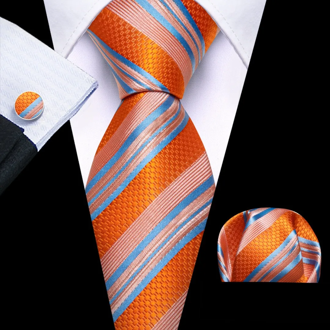 Barry. Wang Men's Orange and Blue Striped Tie and Pocket Square Cuffinks Set sold by Barrywang