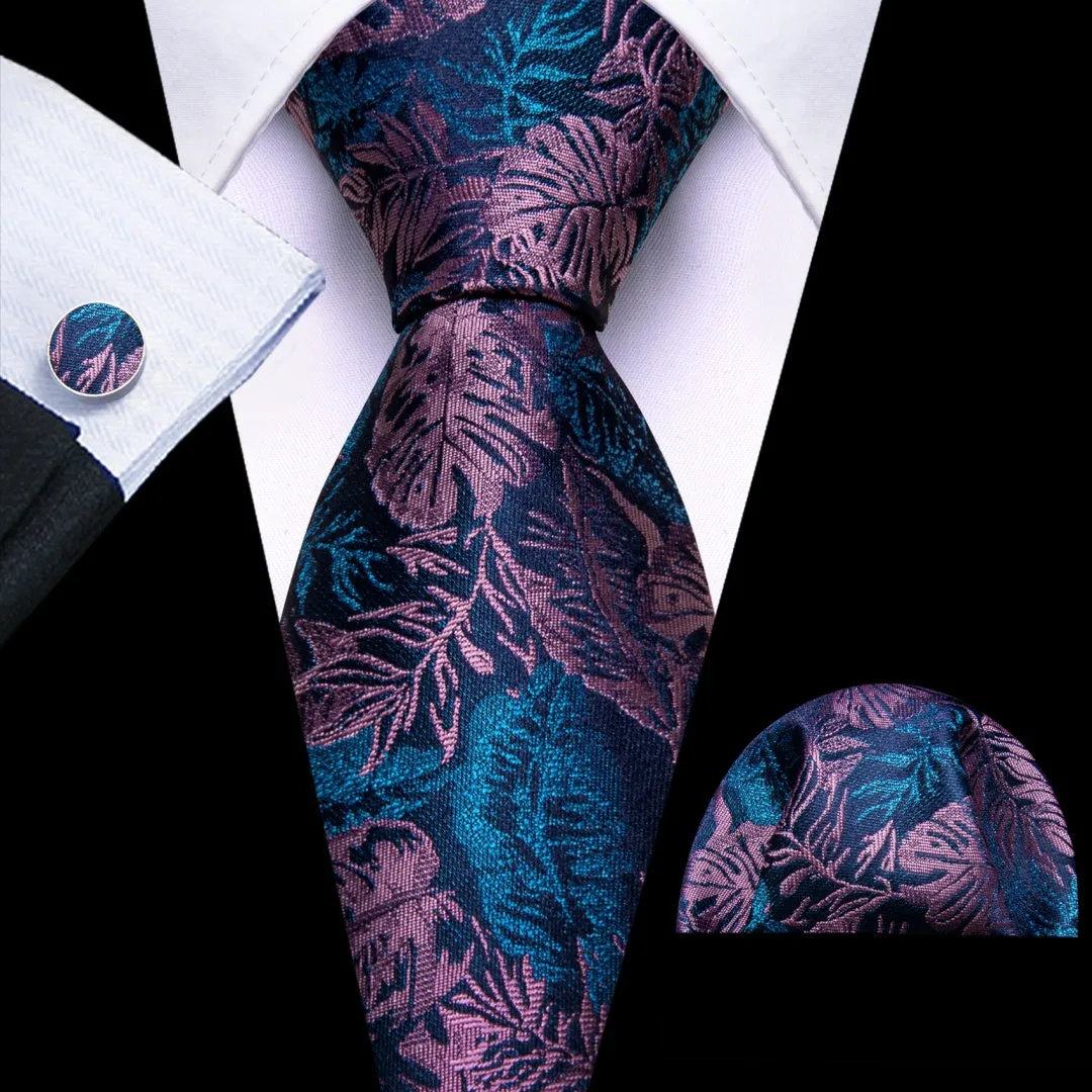 Barry. Wang Men's Floral Tie Pink and Blue Neck Tie Pocket Square Cufflinks Set sold by Barrywang