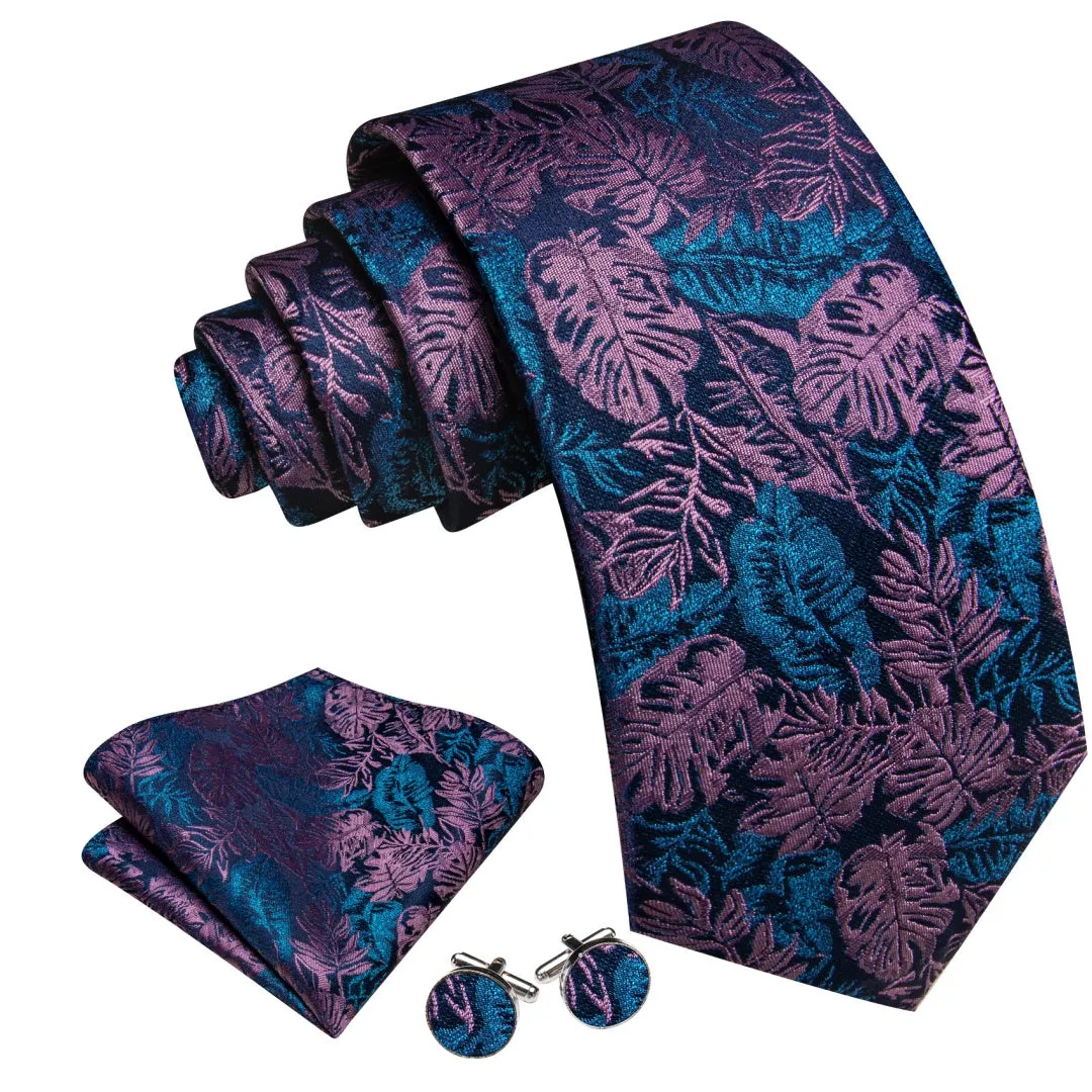 Barry. Wang Men's Floral Tie Pink and Blue Neck Tie Pocket Square Cufflinks Set sold by Barrywang product image thumbnail 2