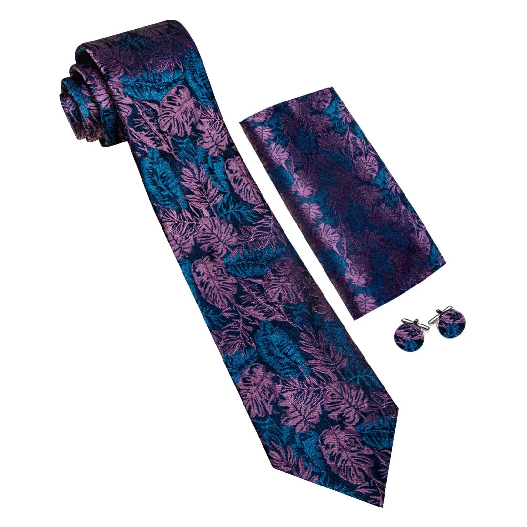Barry. Wang Men's Floral Tie Pink and Blue Neck Tie Pocket Square Cufflinks Set sold by Barrywang product image thumbnail 3