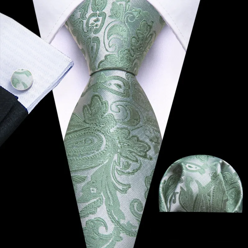 Barry. Wang Men's Sage Green Tie Paisley Tie Pocket Square Cufflinks Set sold by Barrywang