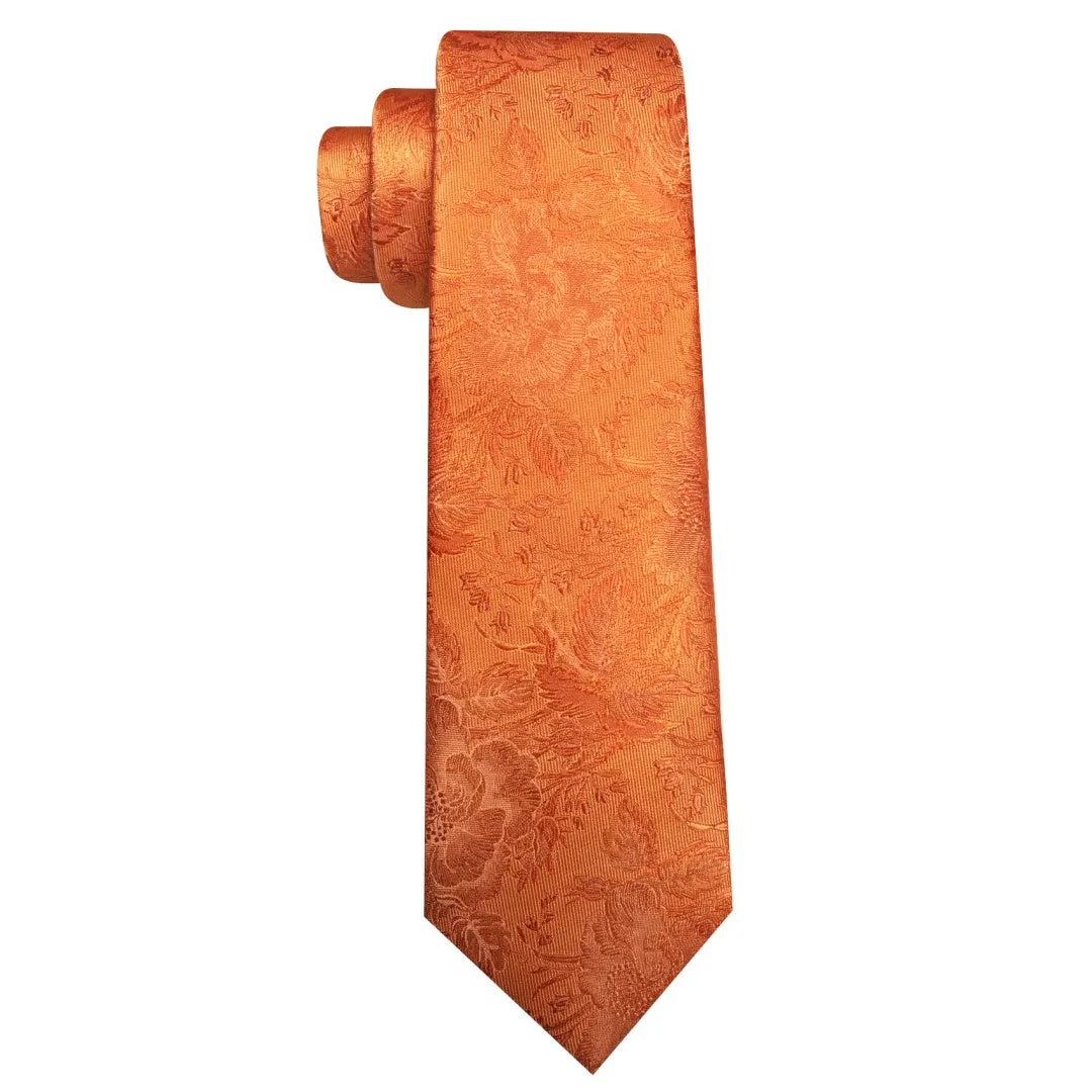 Barry.Wang Men's Dark Orange Tie Floral Designer Necktie Pocket Square Cufflinks Set sold by Barrywang product image thumbnail 5