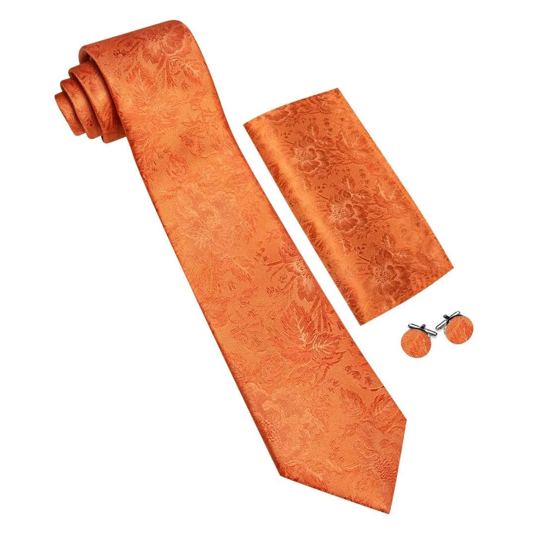 Barry.Wang Men's Dark Orange Tie Floral Designer Necktie Pocket Square Cufflinks Set sold by Barrywang product image thumbnail 3