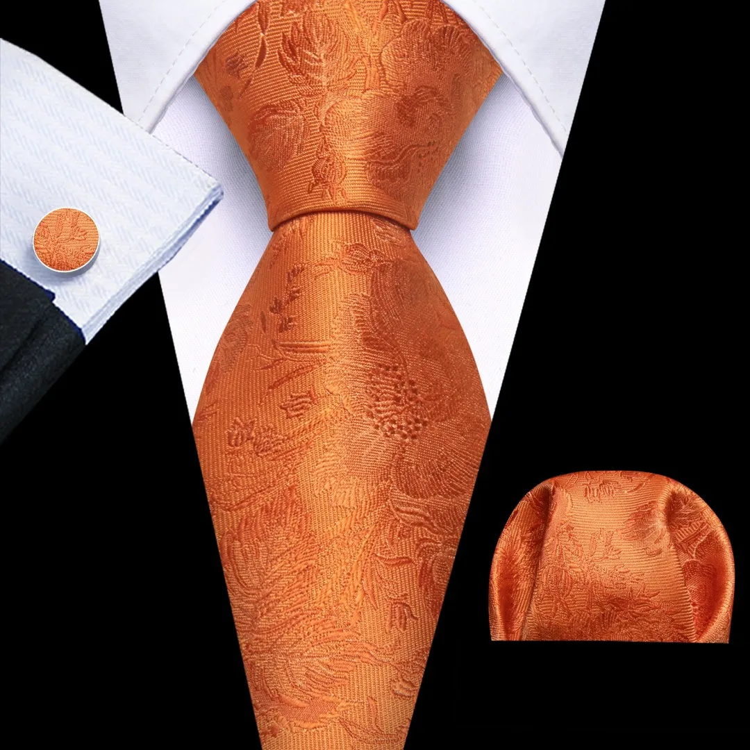Barry.Wang Men's Dark Orange Tie Floral Designer Necktie Pocket Square Cufflinks Set sold by Barrywang