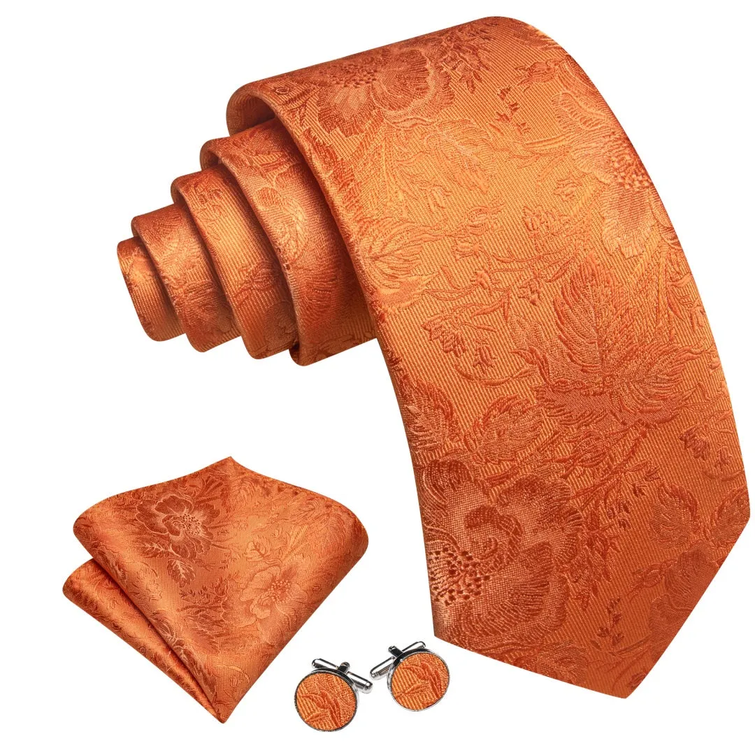 Barry.Wang Men's Dark Orange Tie Floral Designer Necktie Pocket Square Cufflinks Set sold by Barrywang product image thumbnail 2