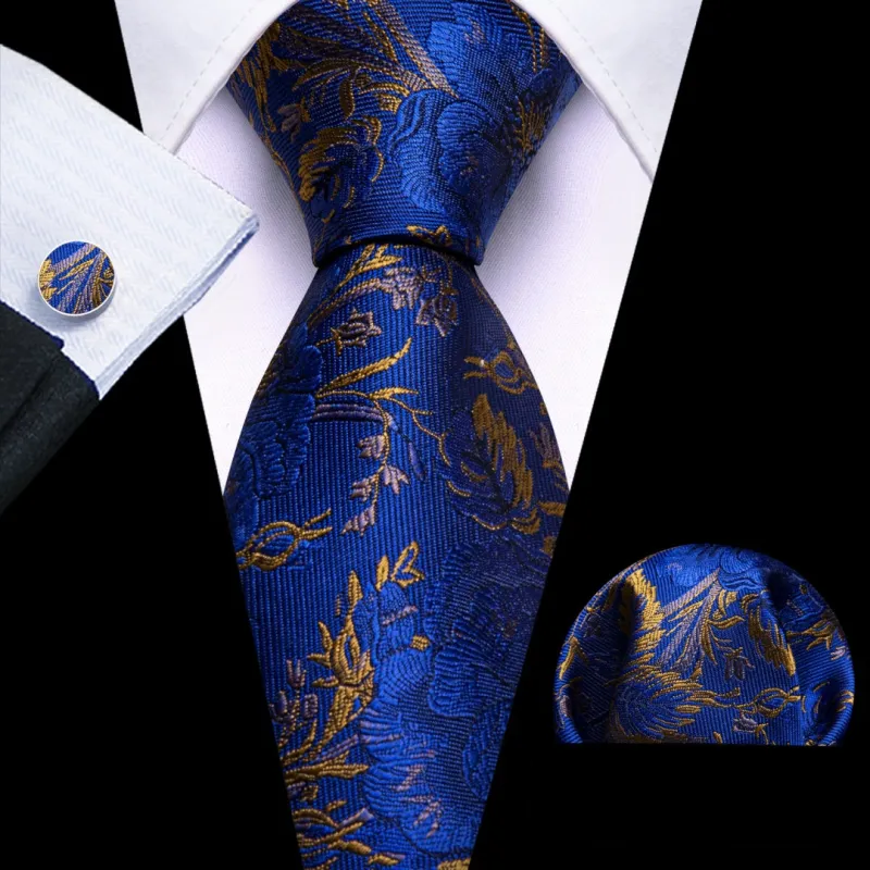 Barry.Wang Men's Royal Blue Tie Gold Floral Necktie Pocket Square Cufflinks Set sold by Barrywang