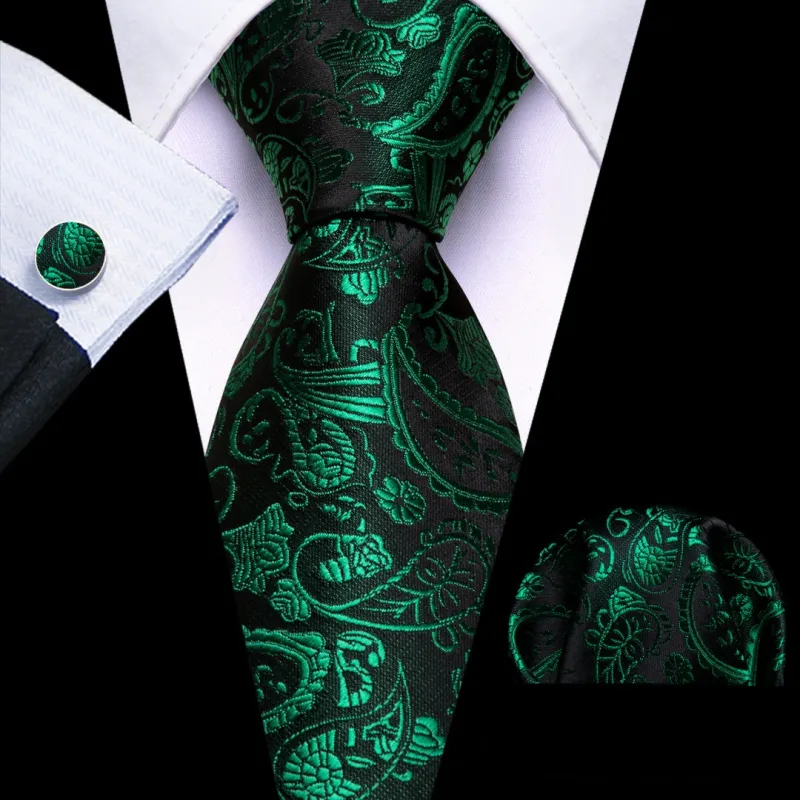 Barry.Wang Emerald Green Tie Black Green Paisley Tie Pocket Square Cufflinks Set sold by Barrywang