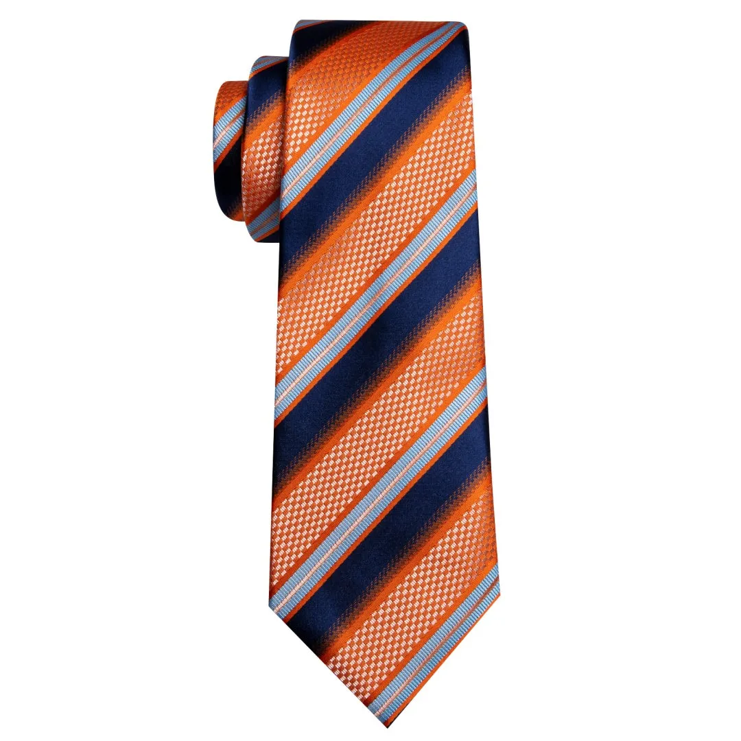 Barry. Wang Mens Orange Navy Blue Striped Tie Pocket Square Cufflinks Set sold by Barrywang product image thumbnail 3