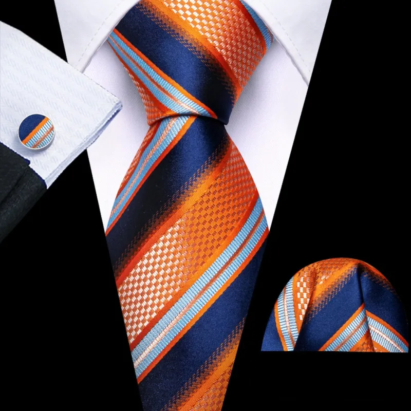 Barry.Wang Mens Orange Navy Blue Striped Tie Pocket Square Cufflinks Set sold by Barrywang