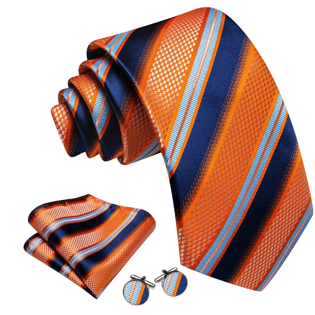 Barry. Wang Mens Orange Navy Blue Striped Tie Pocket Square Cufflinks Set sold by Barrywang product image thumbnail 2