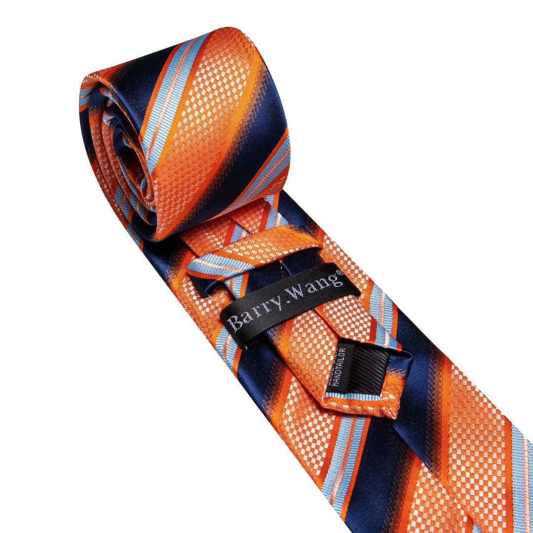 Barry. Wang Mens Orange Navy Blue Striped Tie Pocket Square Cufflinks Set sold by Barrywang product image thumbnail 4